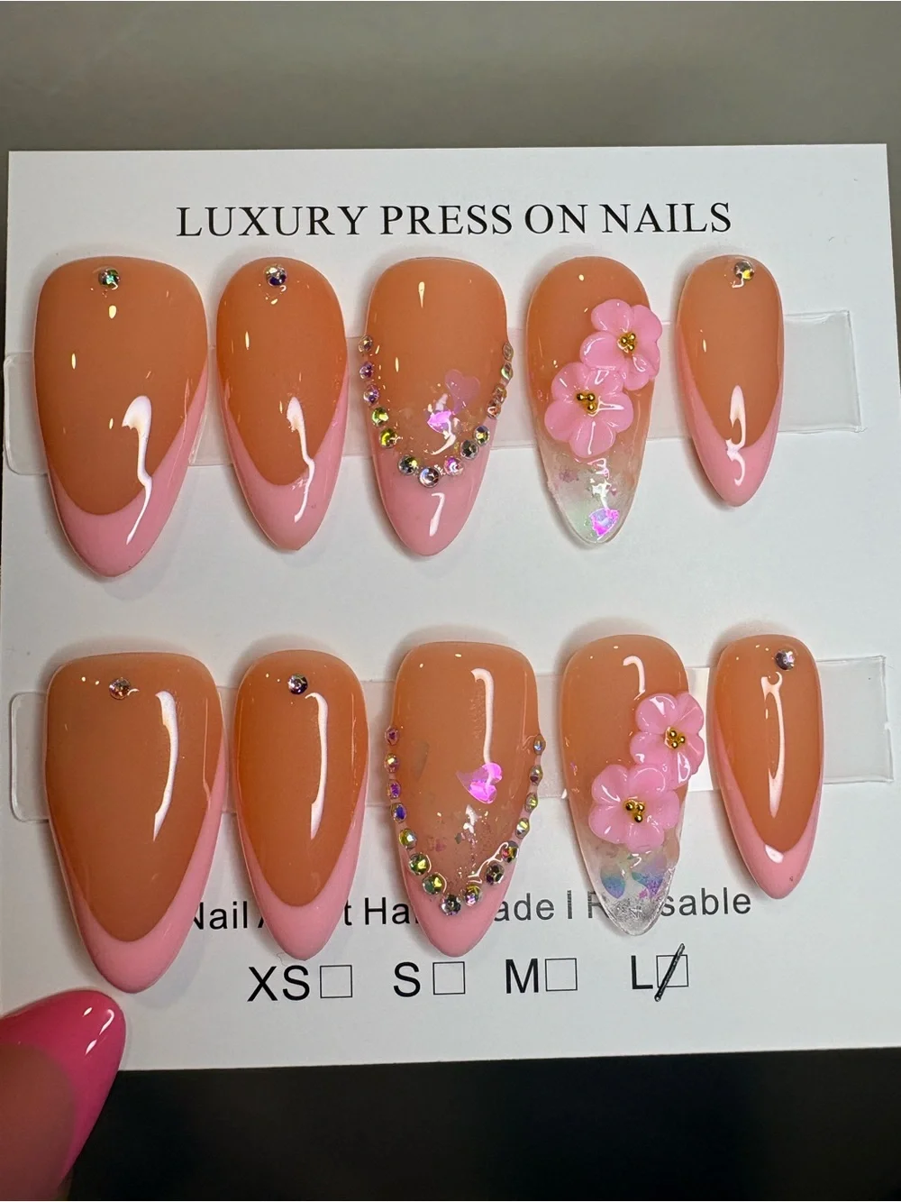 Luxury Pink Floral Press-On Nails - Peach-Pink Almond Set